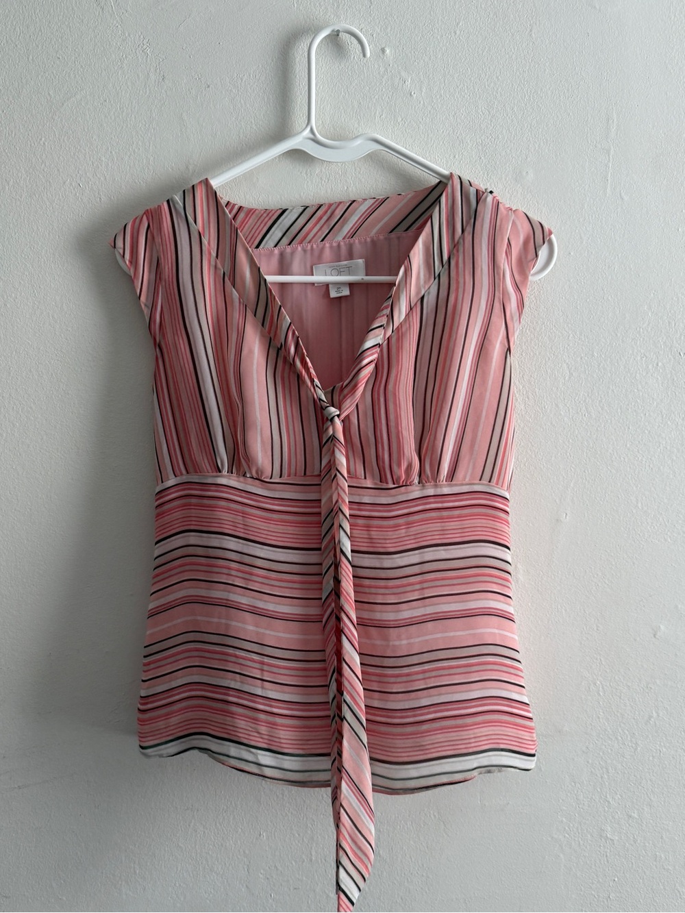 Loft Pink Striped Tie-Front Cap Sleeve Blouse